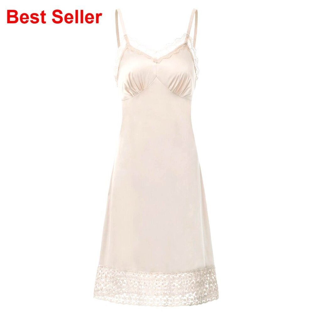 Lace Full Slip Under Dress Adjustable Straps Silk Fabric Knee Length